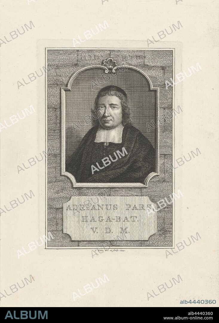Portrait of Adrianus Pars, Portrait bust of pastor Adrianus Pars with cloak and bef., Historical person (with NAME), Adriaan Pars, Simon Fokke (mentioned on object), Amsterdam, 1744, paper, engraving, h 165 mm × w 110 mm.