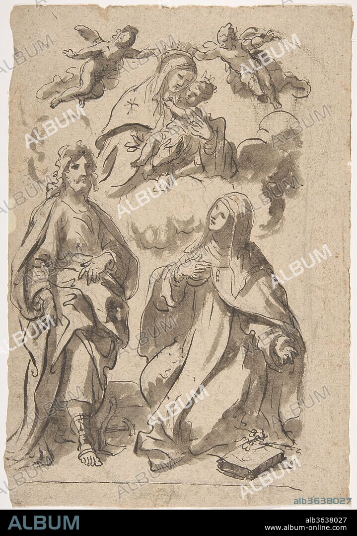 A Male and a Female Saint (Joseph of Aramathea? and Saint Catherine of Siena? Adoring the Virgin and Child in Glory (recto); Minerva Bellona with a Victorious Warrior (verso). Artist: Francesco di Maria (Italian, Naples 1623-1690 Naples). Dimensions: 12 3/8 x 8 7/16in. (31.4 x 21.4cm). Date: 1623-90.