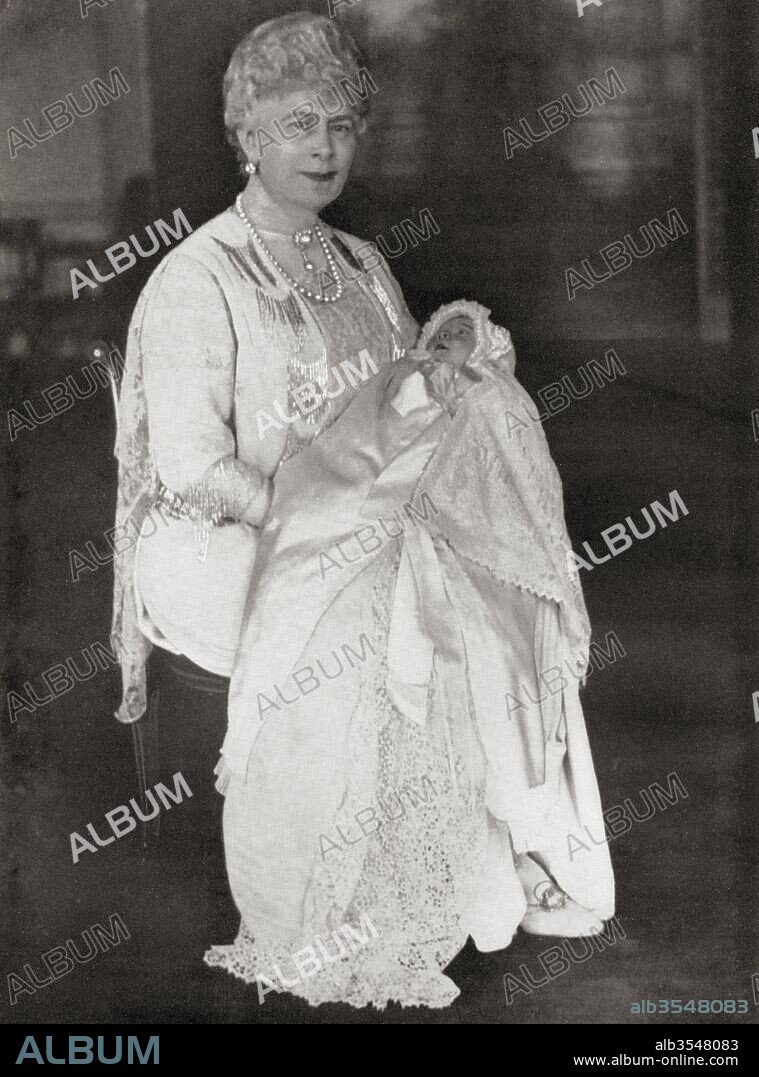 Mary of Teck holding her grandaughter Princess Elizabeth, future Queen Elizabeth II, May 1926. Mary of Teck, 1867 – 1953. Queen of the United Kingdom and the British Dominions and Empress of India as the wife of King-Emperor George V. Elizabeth II, born 1926. Queen of the United Kingdom, Canada, Australia and New Zealand.