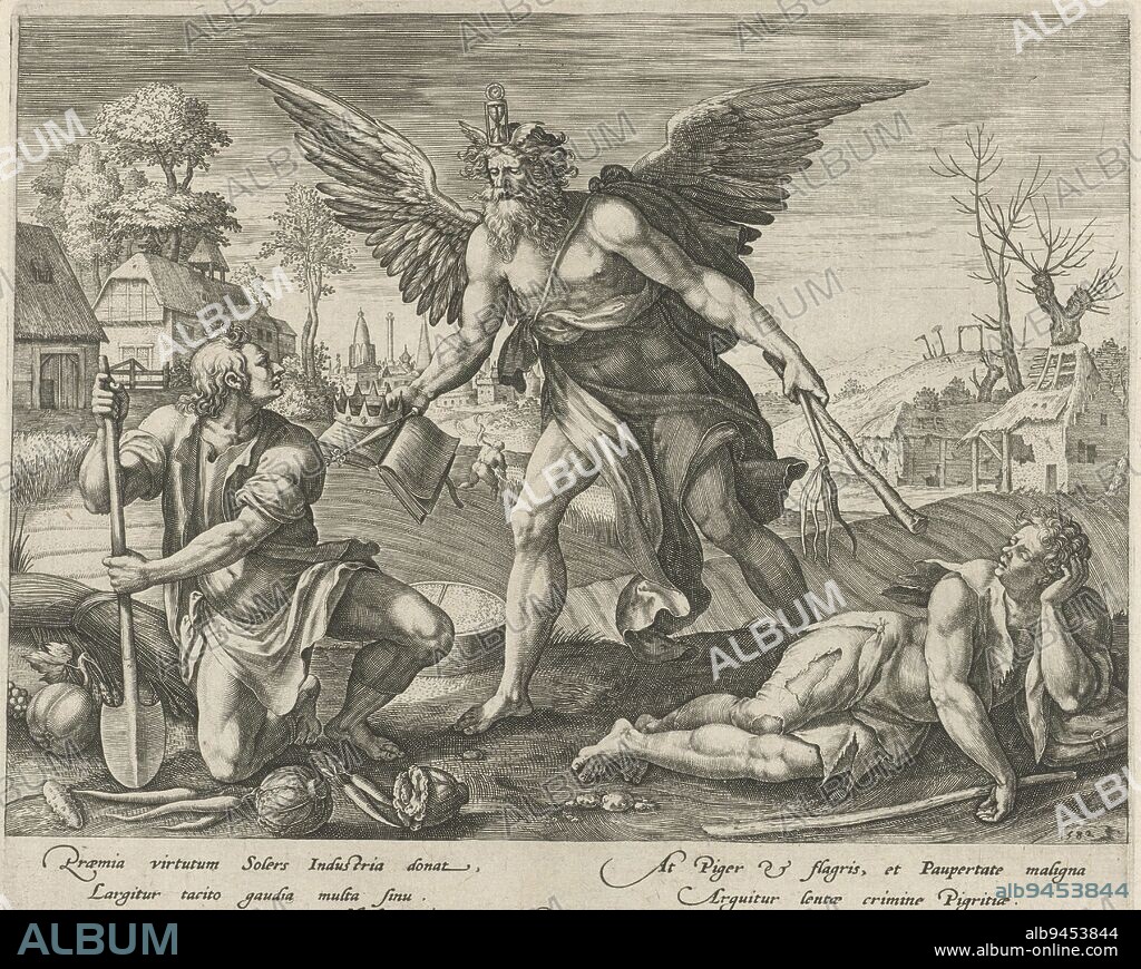 Father Time as old man with hourglass on head. He hands a scepter, a crown and a book to the personification of Labor, a man holding a spade. Surrounding Labor are various vegetables. Father Time gives a stick and a scourge rod to the personification of Sloth, a man in the foreground right who is sleeping. In the background, a prosperous tract of land on the left and shabby huts, dead trees and a gallows field on the right. The print has a Latin caption, Time rewards labor and punishes idleness, print maker: Raphaël Sadeler (I), (mentioned on object), intermediary draughtsman: Maerten de Vos, (mentioned on object), publisher: Raphaël Sadeler (I), (mentioned on object), Frankfurt, 1582, paper, engraving, h 152 mm × w 181 mm.