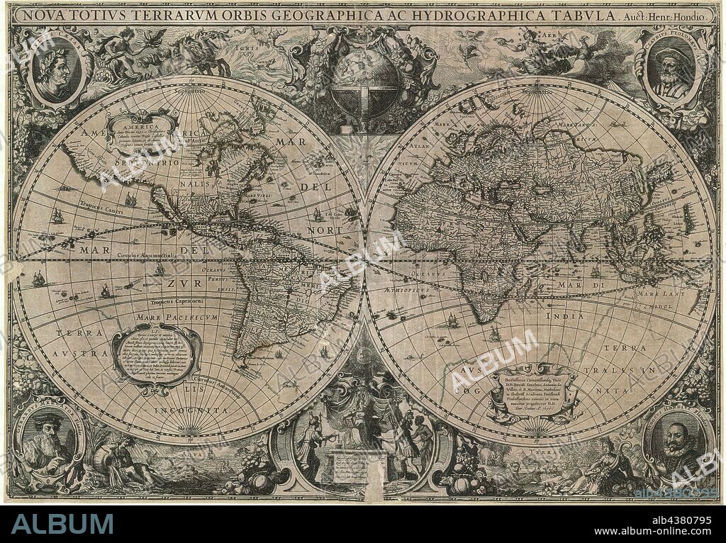Map, Nova totivs terrarvm orbis geographica ac hydrographica tabvla auct. Henr. Hondio, Henricus Hondius (1597-1651), Copperplate print.