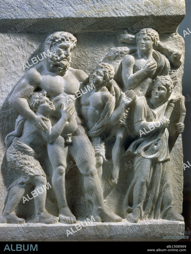 Roman civilization. Marble sarcophagus with relief depicting the life of Ariadne at Naxos. From Alexandria. Detail: Hercules drunk, supported by two fauns, at the wedding of Dionysus.