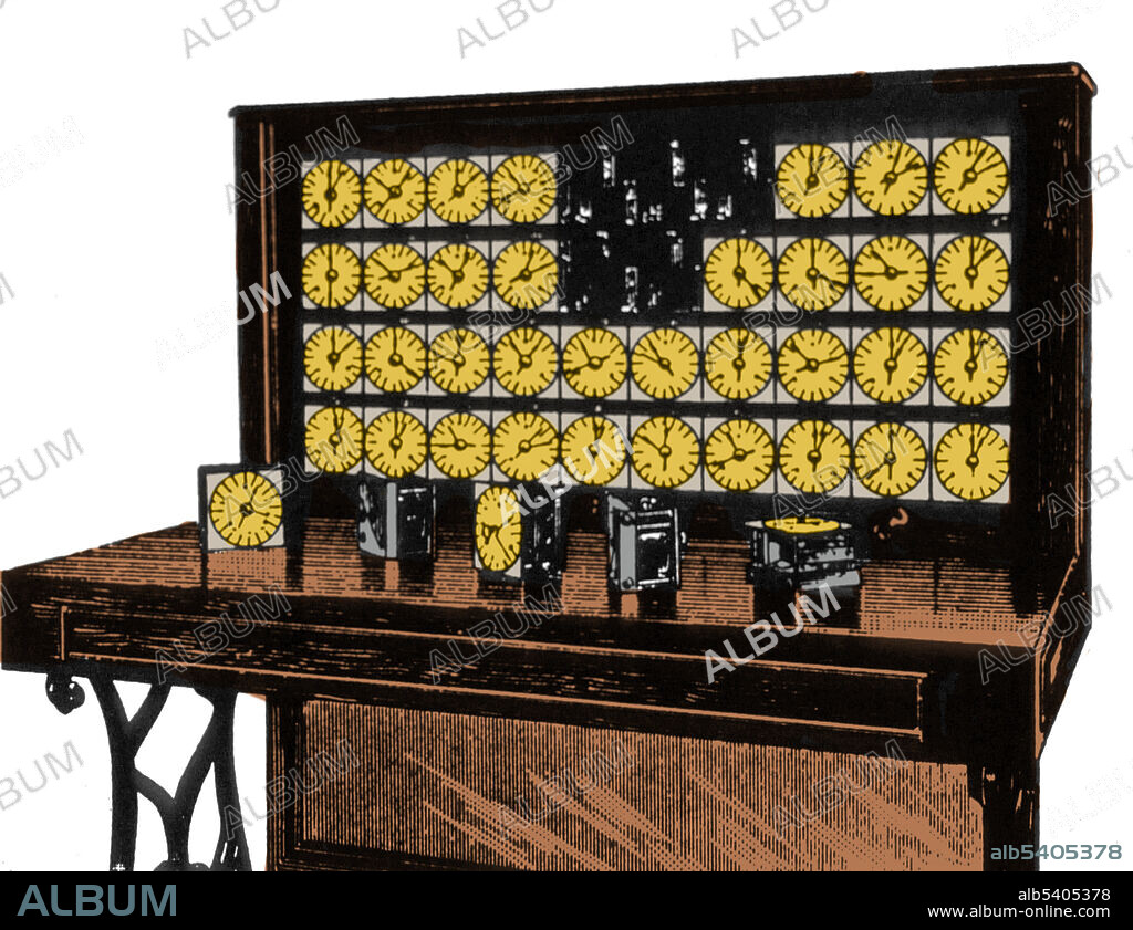 The tabulating machine was an electrical device designed to assist in summarizing information. Invented by Herman Hollerith, the machine was developed to help process data for the 1890 U.S. Census. The cards were coded for age, state of residence, gender, and other information; clerks punched holes in the cards to enter information from returns.The tabulator had 40 counters, each with a dial divided into 100 divisions, with two indicator hands; one which stepped one unit with each counting pulse, the other which advanced one unit every time the other dial made a complete revolution. This arrangement allowed a count up to 10,000. Color enhanced.
