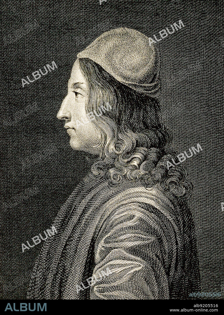 Giovanni Pico della Mirandola (1463-1494) was an Italian Renaissance philosopher who wrote the Oration on the Dignity of Man, a key text of Renaissance humanism. He was the founder of the tradition of Christian Kabbalah, a key tenet of early modern Western esotericism. His 900 Theses was the first printed book to be universally banned by the Church. Line engraving from 18th century by F. B. Lorieux after L. Beaudouin after a painting attributed to Giorgione.