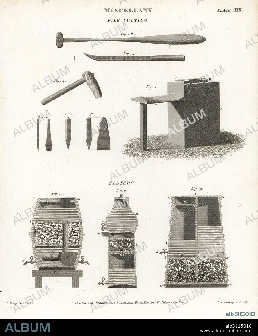 File cutting equipment and various filters. Copperplate engraving by Wilson Lowry after a drawing by J. Farey from Abraham Rees' Cyclopedia or Universal Dictionary of Arts, Sciences and Literature, Longman, Hurst, Rees, Orme and Brown, London, 1813.