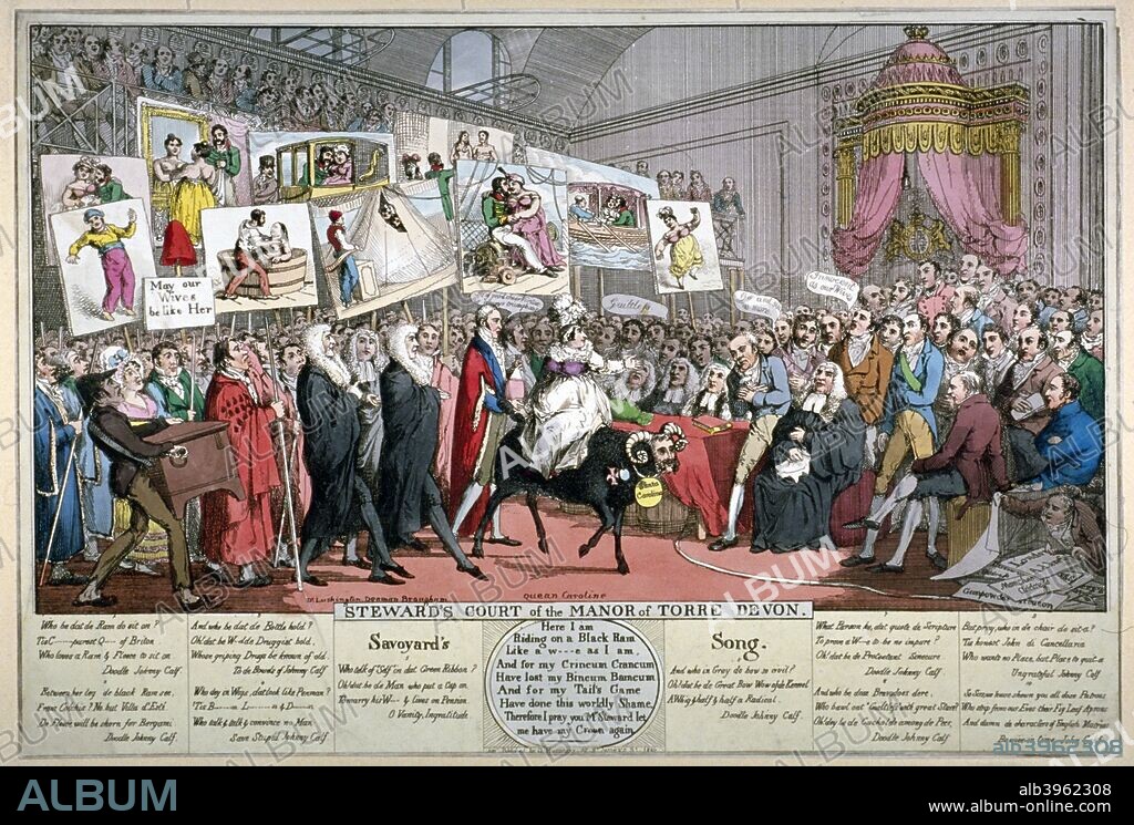 'Steward's Court of the Manor of Torre Devon', 1820. Scene of the House of Lords as arranged for the Bill of Pains and Penalties intended to strip Queen Caroline of her tittles and dissolve her marriage to King George IV. Peers are crowded together to watch the entry of Queen Caroline, seated on a black ram with the face of Bartolomo Pergami, the man she was alleged to have had an adulterous affair with. She is followed by Alderman Wood, the Duke of Brougham, Lord Denman and Lushington.