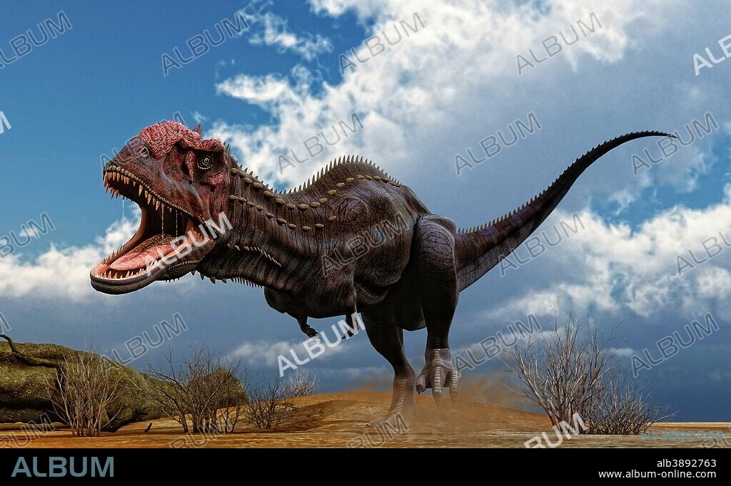 A Majungasaurus breaks into a run upon seeing prey. Majungasaurus was an abelisaurid theropod dinosaur that lived in Madagascar from 70 to 66 million years ago at the end of the Cretaceous Period.