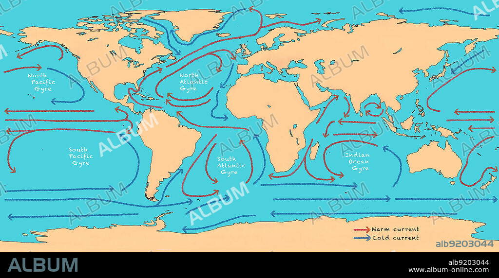 A map showing the warm and cold currents circulating in the world's oceans, with major gyres labeled.