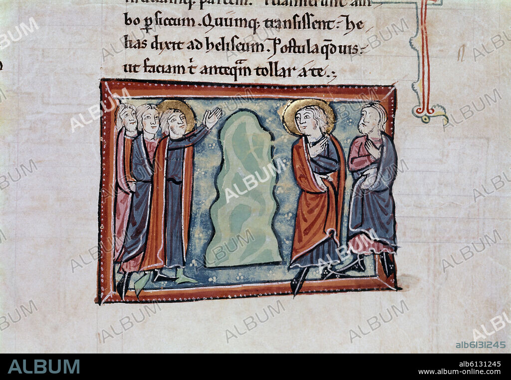 BIBLIA S XIII-TOMO I -ELIAS Y ELISEO CRUZAN EL RIO JORDAN AL SEPARARSE LAS AGUAS-MANUSCRITO GOTICO.