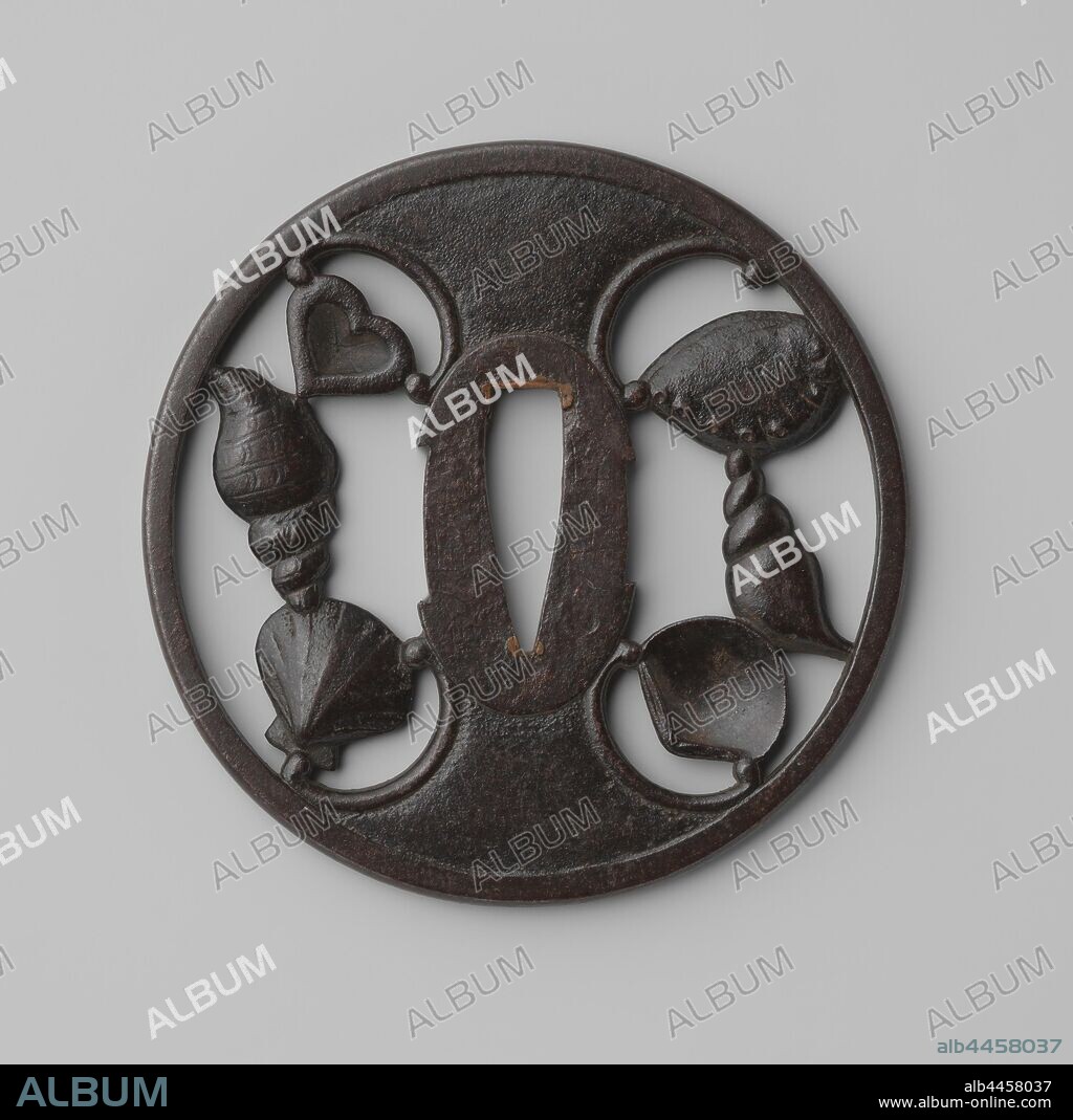 Hand guard, Round tsuba with an openwork decoration in positive silhouette and in raised relief of shells in two kidney-shaped fields, signed 'echizen ju kinai saku'., Kinai, Japan, 1675 - 1800, Edo-period (1600-1868), iron (metal), d 8.2 cm.