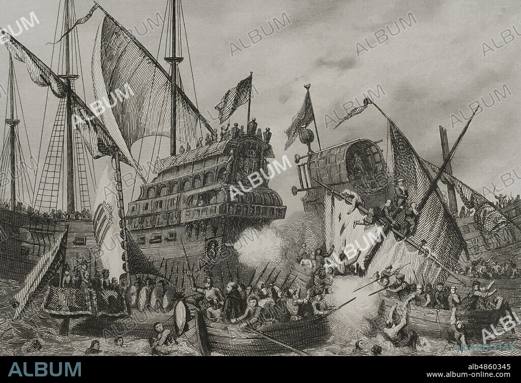 Batalla de Lepanto (7 de octubre de 1571). Combate naval entre las flotas del Imperio Otomano y de la Liga Santa, compuesta por España, Venecia y el Papado. Ilustración por Urrabieta. Grabado por A. Roca. Historia de Cataluña y de la Corona de Aragón, por Victor Balaguer. Barcelona,1883.