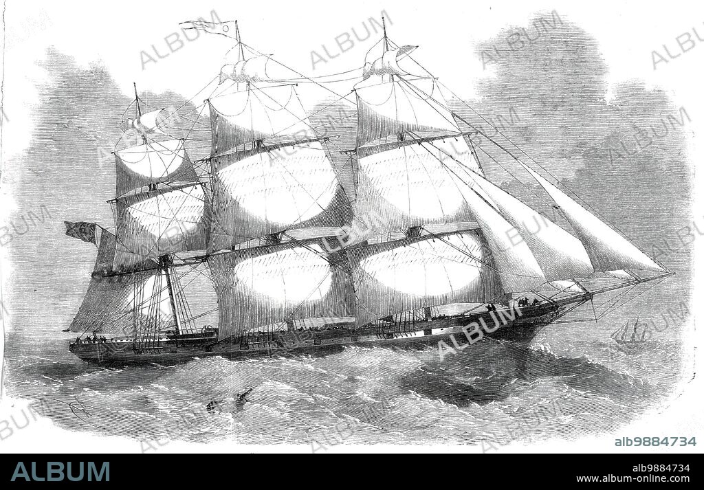 The gigantic clipper-ship "Great Australia", recently built for Messrs. Baines and Co., of Liverpool, 1860. Ship built by Stewart and Co., of St. John's in Newfoundland, Canada. 'This noble vessel has commenced her career auspiciously. Laden to the depth of 23½ feet, she made, at the worst season of the year, the run from St. John's to Liverpool in seventeen days. A magnificent three-decker, the Great Australia is 204 feet 10 inches over all; her breadth, 40 feet 5 inches; depth, 29 feet; and her registered tonnage no less than 1660 tons. Built for carrying a good cargo and a considerable number of passengers, her lines are most admirable...The accommodation for the third-class passengers in the spacious, well-ventilated, and well-lighted 'tween decks is superior to anything that has ever been seen before. The berths are judiciously arranged, and everything about the apartment wears an aspect of comfort and cheerfulness...The provision against fire is complete; the anchors are of the best material, and the chain cables have undergone the Admiralty test. The masts and other spars, which have been most carefully made, are of mammoth size yet graceful proportion. Altogether, this may be said to be a model passenger-ship'. From "Illustrated London News", 1860.
