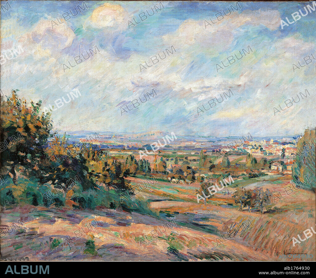 Landscape, le de France, by Jean-Baptiste-Armand Guillaumin, 1877-1878, 19th Century, oil on canvas, cm 54 x 65,5. France, Ile de France, Paris, Muse dOrsay. All. Landscape le de France plain light blue azure green sky clouds trees.
