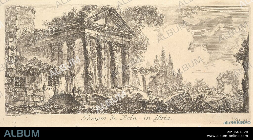 Plate 21: Temple of Pola in Istria (Tempio di Pola in Istria). Artist: Giovanni Battista Piranesi (Italian, Mogliano Veneto 1720-1778 Rome). Dimensions: Plate: 4 13/16 × 10 1/8 in. (12.3 × 25.7 cm)
Sheet: 12 13/16 × 18 7/8 in. (32.5 × 47.9 cm). Series/Portfolio: Alcune Vedute di Archi Trionfali ed altri monumenti inalzati da Romani parte di quali se veggono in Roma e parte per l'Italia (Some Views of Triumphal Arches and other monuments erected by the Romans, some of which are in Rome and some elsewhere in Italy). Date: ca. 1748.