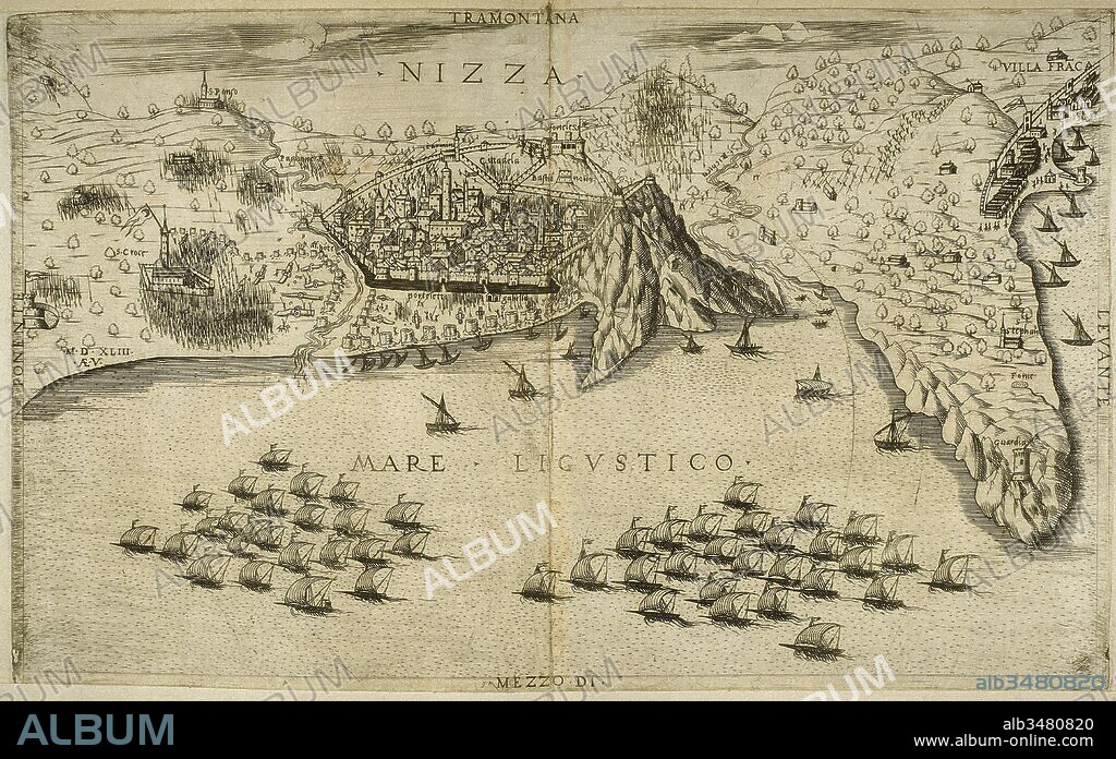 Italian War of 1542-46. Francis I of France and Suleiman I of the Ottoman Empire against Holy Roman Emperor Charles V and Henry VIII of England. Siege of Nice by a Franco-Ottoman fleet in 1543. At that time, Nice was under control of Charles III, ally of Charles V. A combined Franco-Ottoman force captured the city. Drawing by Toselli after an engraving by Aeneas Vico.