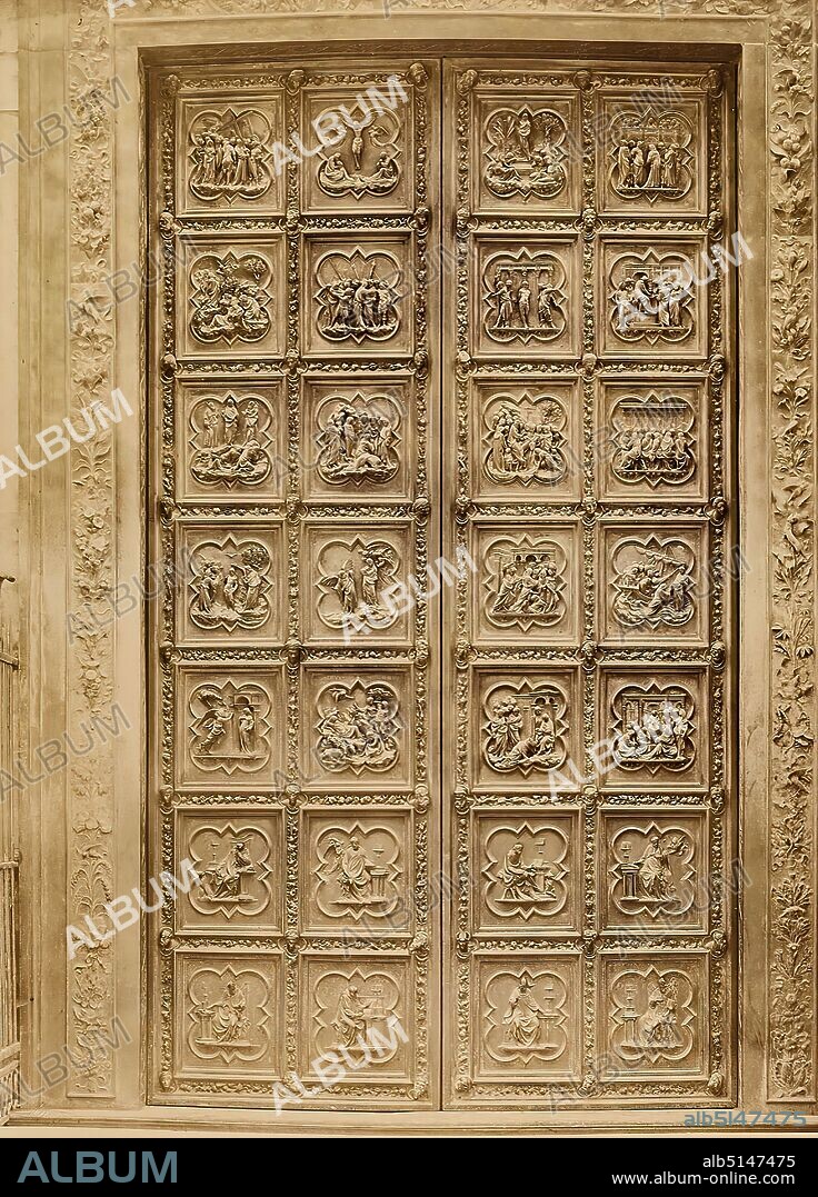 Giacomo Brogi, Edizioni Brogi, series of bronze doors at the Baptistery of San Giovanni in Florence, albumin paper, black and white positive process, sheet size: height: 37.50 cm; width: 27.00 cm, stamp: lower left: blind stamp in photo paper: Brogi, architectural photography, architectural details, ornaments, portal (church building).