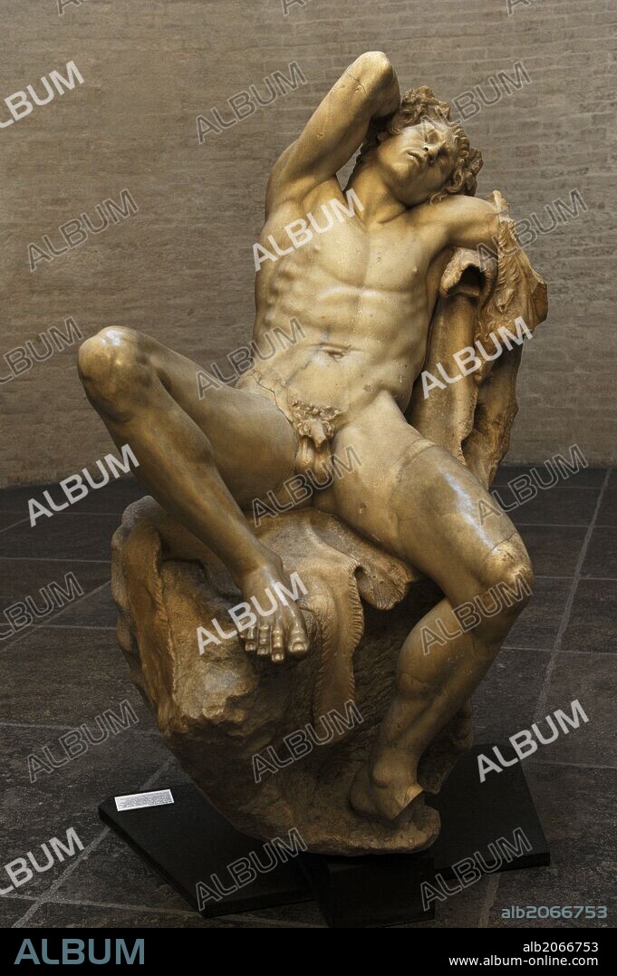 Greek art. Barberini Faun. A sleeping satyr. About 220 BC. Probably stood in a sanctuary of Dionysus and was later brought to gardens on the banks of the Tiber. Greek baroque. Roman copy. Glyptothek. Munich. Germany.