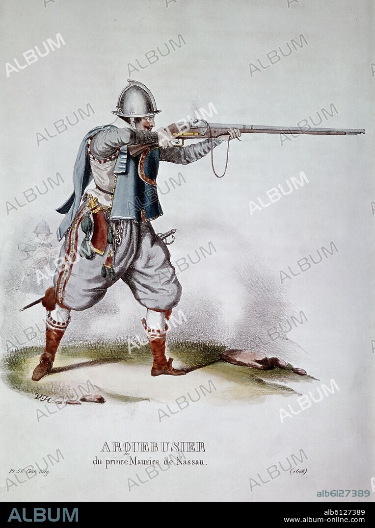 GRABADO-ARCABUCERO DEL PRINCIP MAURICIO NASSAU S XVIII.