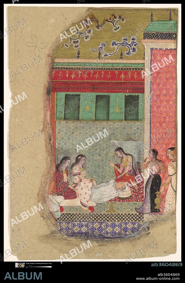 "The Death of King Dasharatha, the Father of Rama", Folio from a Ramayana. Dimensions: Painting: H. 10 1/2 in. (26.7 cm)
W. 5 13/16 in. (14.8 cm)
Page: H. 10 7/8 in. (27.6 cm)
 W. 7 1/2 in. (19.1 cm)
Mat: H. 19 1/4 in. (48.9 cm)
W. 14 1/4 in. (36.2 cm). Date: ca. 1605.
King Dasharatha emerges in the Ramayana as essentially a noble character, though flawed by the weakness that allowed him to be swayed by his second wife Kaikeyi, whose ambitions for her own son caused the king to banish the crown prince Rama for fourteen years. Having succumbed to this pressure, Dasharatha, plagued by regrets, took to his sickbed, where he eventually died of grief. The sorrow of his queens and female attendants is conveyed by their disheveled hair and by the cradling of their cheeks in their hands.