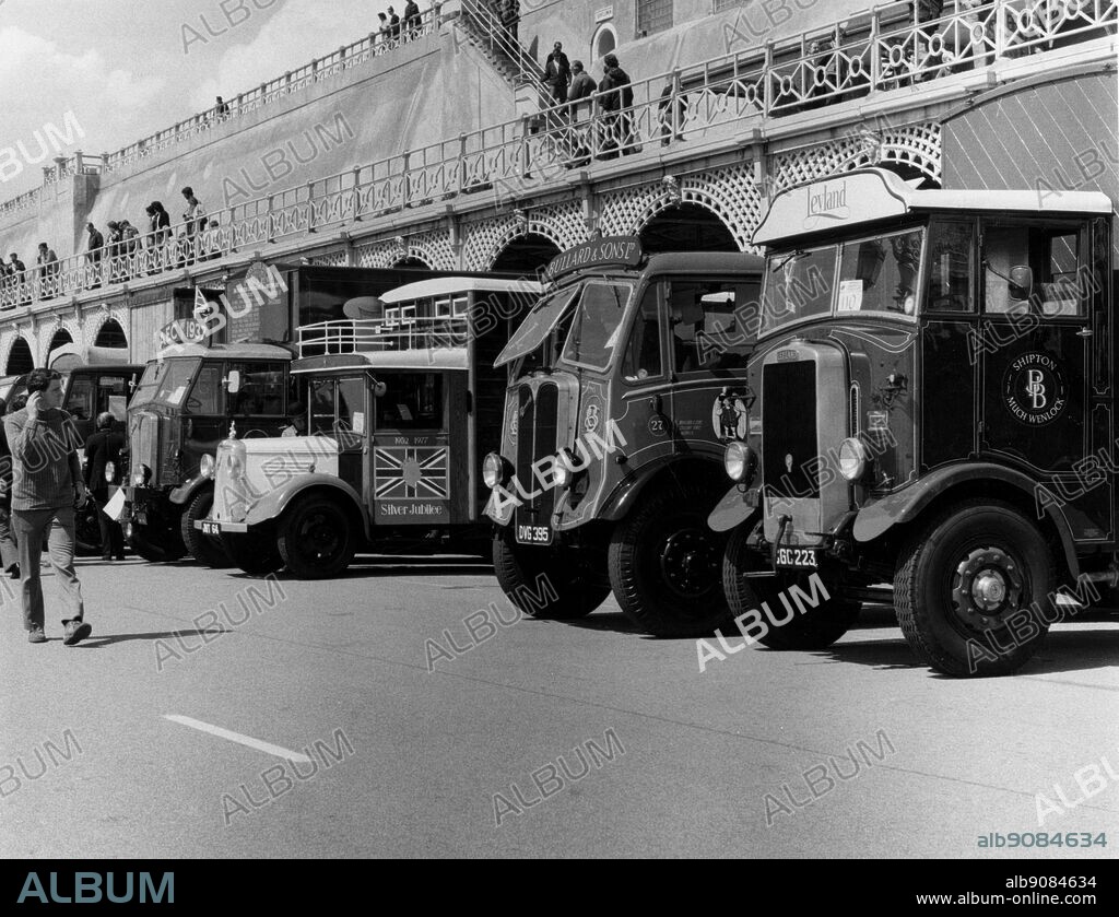Left to right. 1937 A E C Matador MKII 1938 Bedford WHG Horsebox. AEC Monarch MKIII Brewery Dray 1934 Lepland Beaver flat truck. 1977.