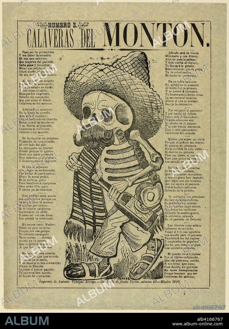 JOSE GUADALUPE POSADA. Calavera of the Masses, no. 2. José Guadalupe Posada; Mexican, 1852-1913. Date: 1905-1915. Dimensions: 354 x 256 mm (image); 406 x 297 mm (sheet). Photo relief etching with touches of engaving on green wove paper. Origin: Mexico.
