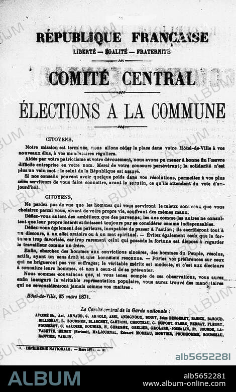 Paris Commune, 1871: election of the General Council of the Seine Departement on 26 March 1871. "Élections à la commune...". (Poster from 25 March 1871). Paris, Bibliothèque Nationale.
