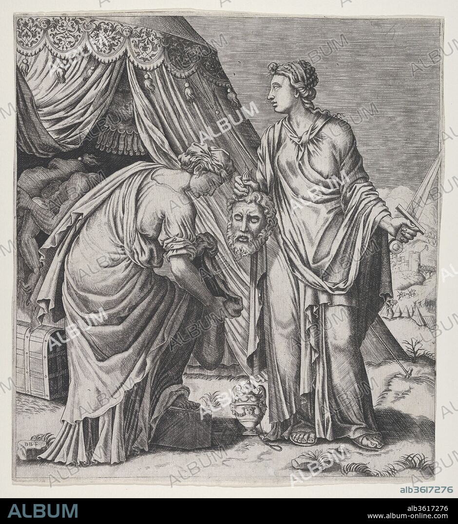 Judith with the Head of Holofernes. Artist: Balthazar van den Bos (Flemish, Hertogenbosch 1518-1580 Antwerp). Dimensions: Sheet: 11 11/16 x 10 9/16 in. (29.7 x 26.8 cm).