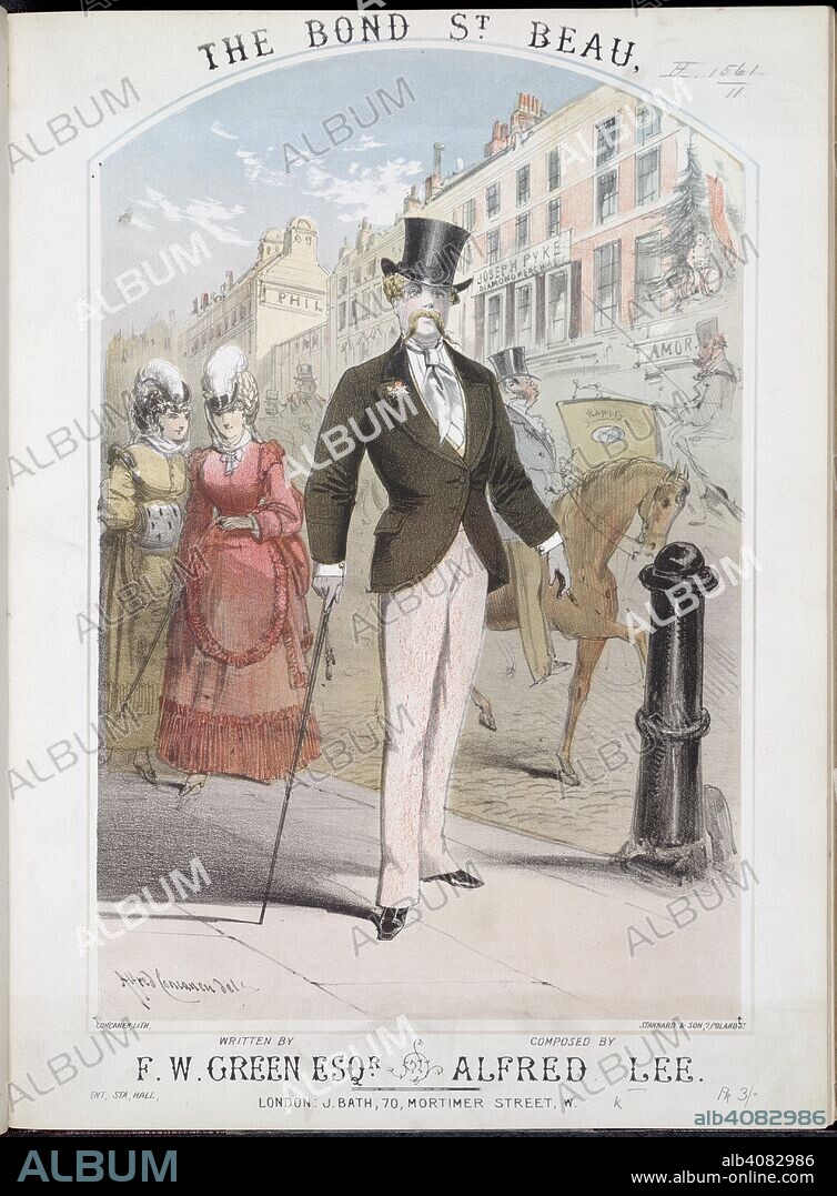 ALFRED CONCANEN, ALFRED LEE and F. W. GREEN. The Bond St. Beau. Stannard & Son; Printer; Bath, J. ; London ; 1873. Printed Music and Illustrated Cover; Lithograph, coloured. Music Hall performers specialised in portraying the fashionable man about town, who were often known as 'swells'. Costumes consisted of smart suits, with flamboyant waistcoats and the obligatory cane and monocle. The 'Bond Street Beau' is smartly dressed and parodied those who could afford to buy their clothing in 'Savile Row'. Savile Row was, and still is the street at the centre of made to measure tailoring. The firm of Henry Poole and Co. opened in 1806 and the area quickly gained a reputation for fashionable men's clothing.  Originally published/produced in Stannard & Son; Printer; Bath, J. ; London ; 1873. . Source: H.1561.(11),. Language: English.