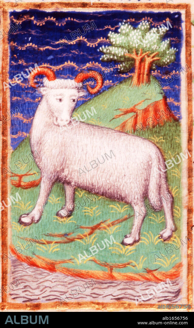 March. Astrological sign of Aries, the Ram. From the Bedford Hours, French 15th century illuminated manuscript. The wealth of England depended greatly upon the wool from its flocks of sheep and on the cloth woven fromtheir fleeces.