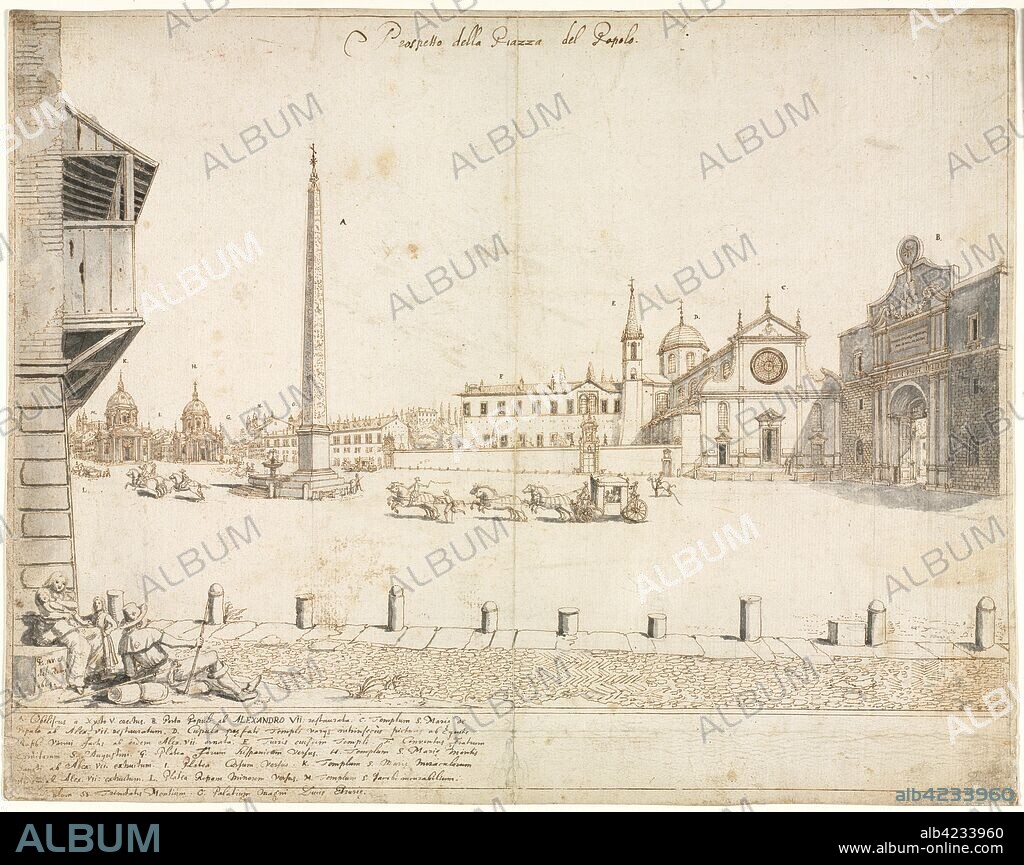 Eighteen Views of Rome: The Piazza del Popolo (recto), 1664. Lievin Cruyl (Flemish, c. 1640-c. 1720). Pen and brown ink and brush and gray wash over stylus and graphite; framing lines in brown ink; sheet: 38.9 x 49.6 cm (15 5/16 x 19 1/2 in.).