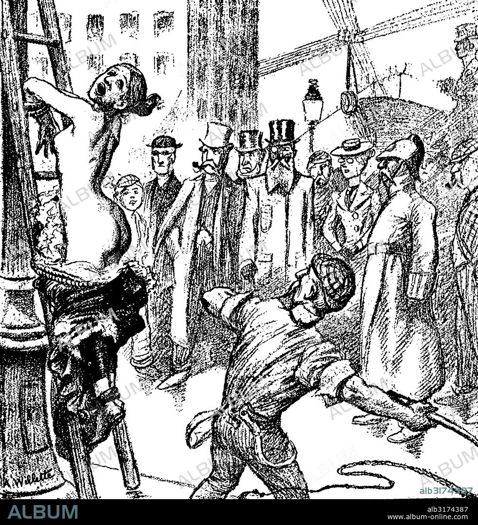 Public flogging of a young woman in manassa, america, because of a relationship with a clergyman, caricature by adolf willette on modern american rudeness, circa 1900.