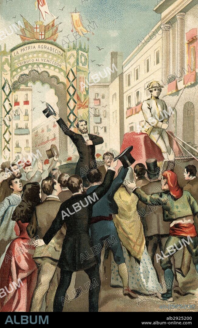 España. Catalunya. Arco de triunfo levantado en honor al General Joan Prim Prats en Barcelona al regreso de su campaña en Marruecos. Grabado de 1880.