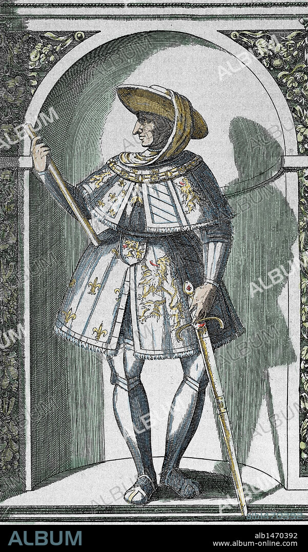 FELIPE III "el Bueno" (Dijon, 1396-Brujas, 1467). Duque de Borgoña (1419-1467), hijo de Juan sin Miedo. El asesinato de su padre lo llevó a aliarse con los ingleses contra el Delfín, reconociendo a Enrique V como heredero del Trono de Francia. En 1435 en el Tratado de Arras se reconcilió con Carlos VII e incrementó su poder y prosiguió la obra administrativa de Felipe II. Grabado coloreado.