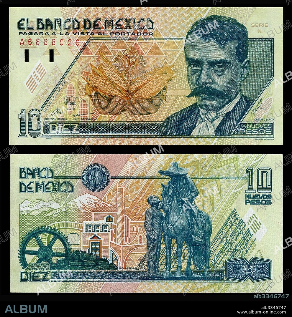 ANÓNIMO. Banco México 10 Nuevos Pesos with a Portrait of Emiliano Zapata.