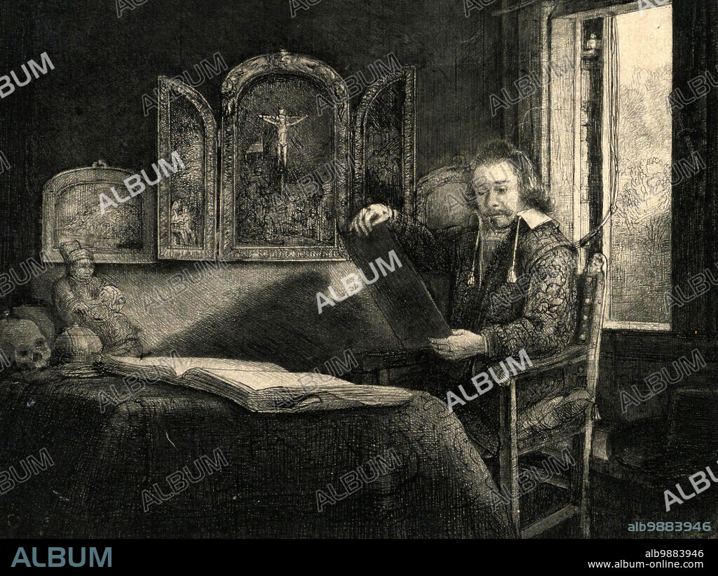 Abraham Francen, pharmacist and physician, born 1613, A man is sitting in front of a table, facing left, holding a print in his hands. Behind him is an open window. On the table are a book and other objects; on the wall are paintings, including a triptych with the Crucifixion as the subject of the central panel, after a painting by Rembrandt Harmensz van Rijn, Historic, digitally restored reproduction from a 19th century original.