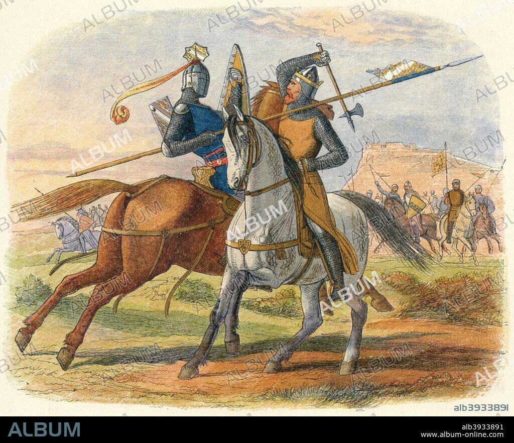 'Bruce kills Sir Henry Bohun', 1864. Sir Henry de Bohun (died 1314) was an English knight who died on the first day of the Battle of Bannockburn, killed by Robert the Bruce (1274-1329). From A Chronicle of England B.C. 55 - A.D. 1485 by James E. Doyle. [Longman, Green, Longman, Roberts & Green, London, 1864].