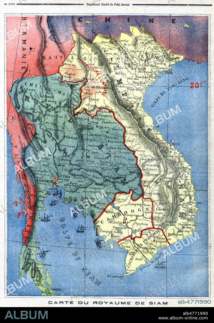Carte du royaume du Siam. Illustration anonyme pour Le petit Journal illustre du 12 aout 1893. Credit : Collection KHARBINE-TAPABOR.