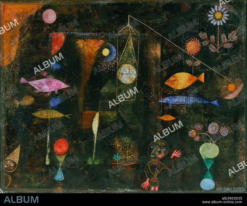 PAUL KLEE. Fish Magic. Date/Period: 1925. Painting. Oil and watercolor on canvas on panel Oil and watercolor on canvas on panel. Height: 772.67 mm (30.42 in); Width: 985.01 mm (38.77 in).