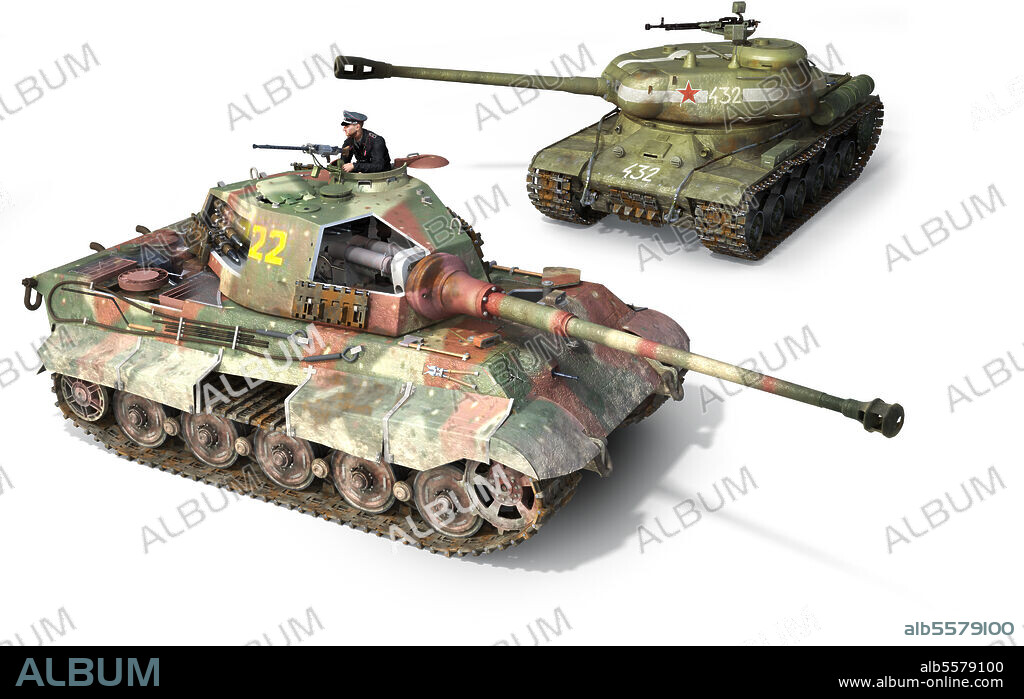 These vehicles are the last heavy tanks used during WWII: The German Panzer VIB Tiger II and the Soviet IS-2.