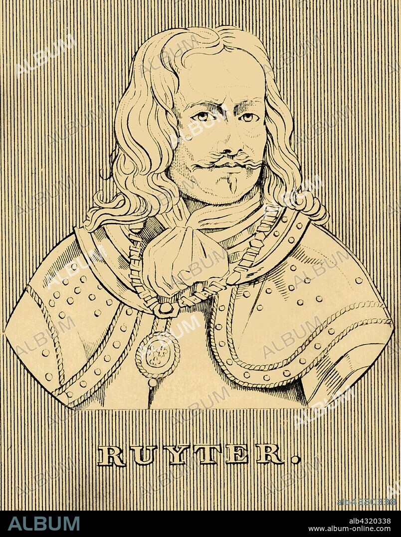 'Ruyter', (1607-1676), 1830. Michiel de Ruyter (1607-1676)  Dutch admiral during the Anglo-Dutch Wars, folk hero known for his part in the Raid on the Medway. From "Biographical Illustrations", by Alfred Howard. [Thomas Tegg, R. Griffin and Co., J. Cumming, London, Glasgow and Dublin, 1830].