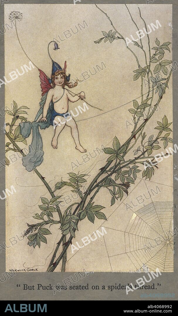 WARWICK GOBLE et EDMOND MALONE. "But Puck was seated on a spider's thread." Illustration for William Shakespeare's play A Midsummer Night's Dream. Another Essence of Malone, or, the â€œBeautiesâ€ of Shakspeare's Editor. [By G. Hardinge.]. London, 1801. Source: 11603.h.20, plate opposite page 166.