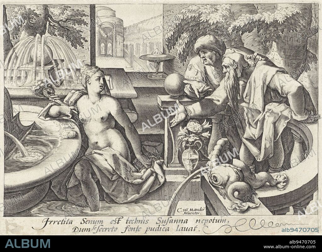 On the left, the partially undressed Susanna bathes in a fountain. She looks back in horror at the two elders, who are trying to seduce her. Below the scene a two-line caption in Latin, Suzanna and the Elders., print maker: anonymous, Karel van Mander (I), (mentioned on object), Low Countries, 1558 - 1656, paper, engraving, h 157 mm × w 215 mm.