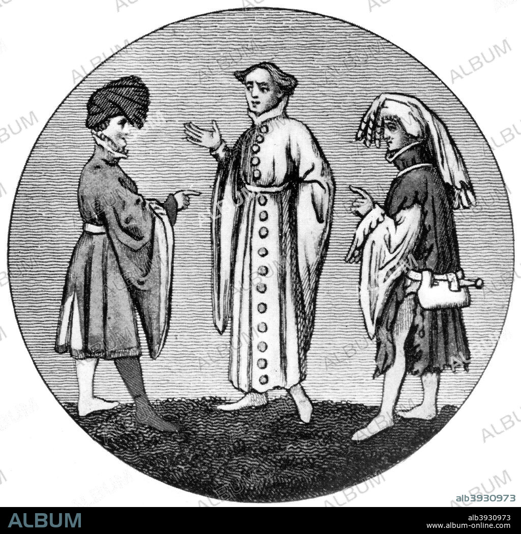 Male dress, late 14th century, (1910). The figure on the right is wearing a court-pie, a sort of short cloak split up the sides, with a high houppelande collar and richly dagged. The large chaperon, a hat made by winding the long 'liripipe' round the  cap, extends down the back. Illustration from British Costume during 19 Centuries by Mrs Charles H Ashdown, (London, 1910).