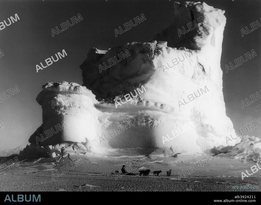Ice castle, Antarctica, c1911. A sledge and huskies on the British Antarctic Expedition 1910-1913, Captain Robert Falcon Scott's (1868-1912) ill-fated attempt to reach the South Pole.