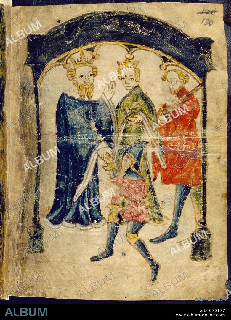 Gawain's return to court. Sir Gawain and the Green Knight. England [N.W. Midlands]; circa 1375-1400 [text]. c. [Whole folio] Sir Gawain, in armour, kneels before King Arthur and Queen Guinevere after his return to the court. A knight stands behind  Image taken from Sir Gawain and the Green Knight.  Originally published/produced in England [N.W. Midlands]; circa 1375-1400 [text]. circa 1400-1410 [miniatures]. . Source: Cotton Nero A. X, art.3, f.130. Language: Middle English.