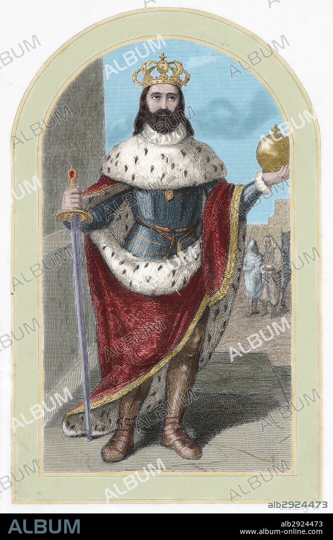 FERNANDO III EL SANTO (h. 1198-1252). Rey de Castilla (1217-1252) y de León (1230-1252). Hijo de Alfonso IX de León y de Berenguela de Castilla. Grabado del siglo XIX. Coloreado.