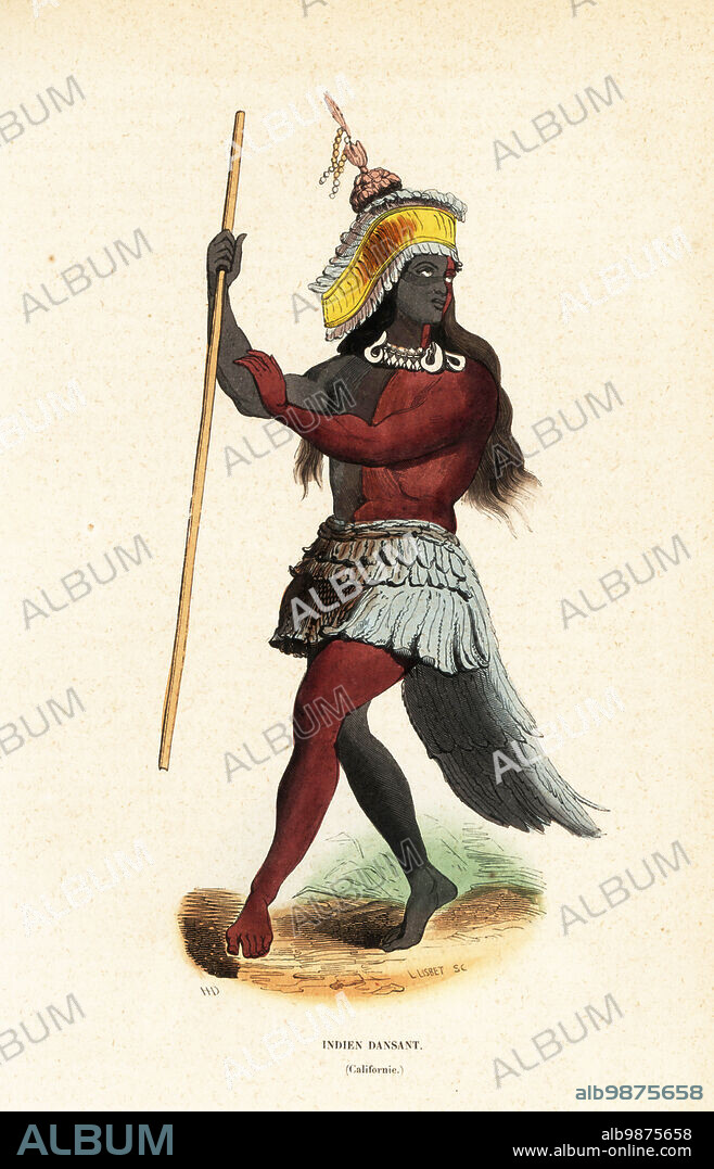 Man of the Ohlone or Costanoan people dancing at Mission San Francisco. His body is painted in blue and red, and he wears a gold and blue headdress, cowrie necklace and long feather skirt. Perhaps part of a Kuksu cult ceremony, California. Indien dansant (Californie). Copied from an illustration by Louis Choris from Otto von Kotzebue's Voyage Autour du Monde, 1821. Handcoloured woodcut by H.D. and L. Lisbet after an illustration by Louis Choris from Auguste Wahlen's Moeurs, Usages et Costumes de tous les Peuples du Monde, (Manners, Customs and Costumes of all the People of the World) Librairie Historique-Artistique, Brussels, 1845.