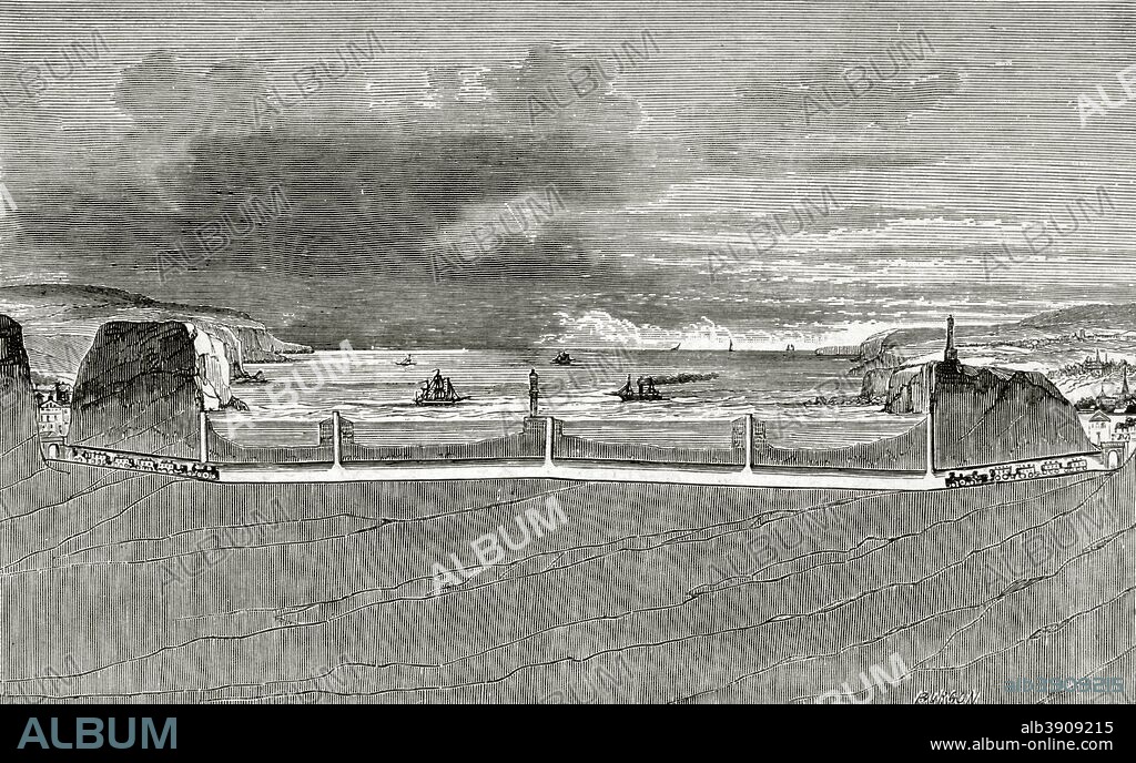 Europe. Work project to connect the ports of Calais (France) and Dover (England), through the English Channel. Engraving depicting the longitudinal section of the underwater tunnel. Visionary project of the French engineer Aime Thome de Gamond (1807-1876) that believed of the viability to build a tunnel of the Channel under the Strait of Dover. Engraving by Burgun. La Ilustracion Espa–ola y Americana. January 30, 1876.