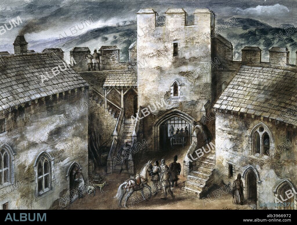 Restormel Castle, 14th century, (c1960s). Reconstruction drawing showing the courtyard, gatehouse and steps up to the wall walk, as they may have appeared c.1300. One of the four chief Norman castles of Cornwall, the others being Launceston, Tintagel and Trematon. The castle is notable for its perfectly circular design.