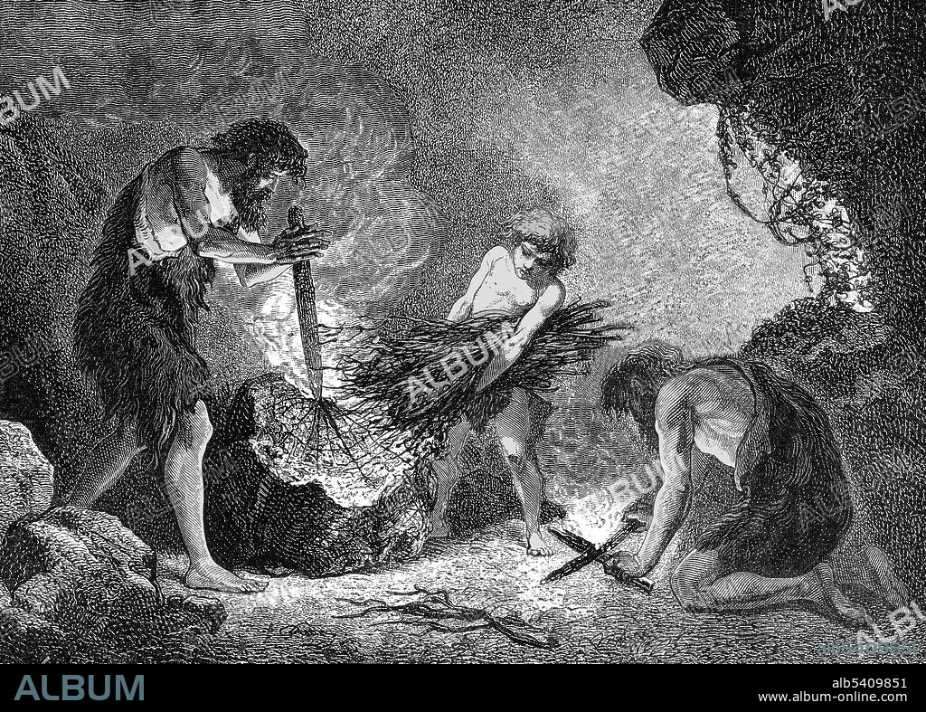 Two methods of making fire being used by early humans. The first method (left) involved rotating the pointed end of a stick in a dry piece of wood. The other method (right) involved rubbing two pieces of dry wood together. Evidence of fire use came from the discovery of Stone Age flint tools, which were used for scraping and cutting meat. The Stone Age spanned from about 3.4 million years ago to about 6000 BCE. Artwork published in Primitive Man (Louis Figuier, 1870).